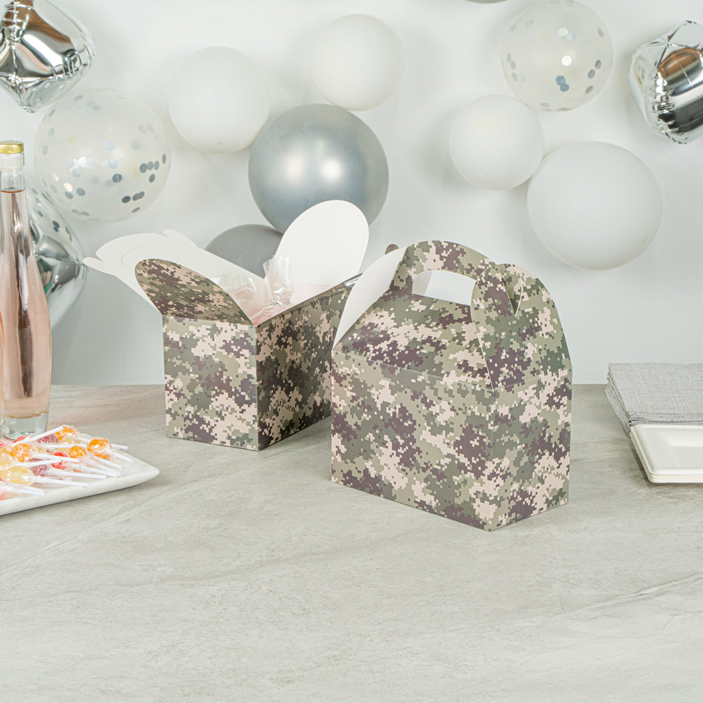 Bio Tek Camouflage Paper Gable Box / Take Out Container - Compostable - 8 1/2" x 4 3/4" x 5 1/2" - 25 count box