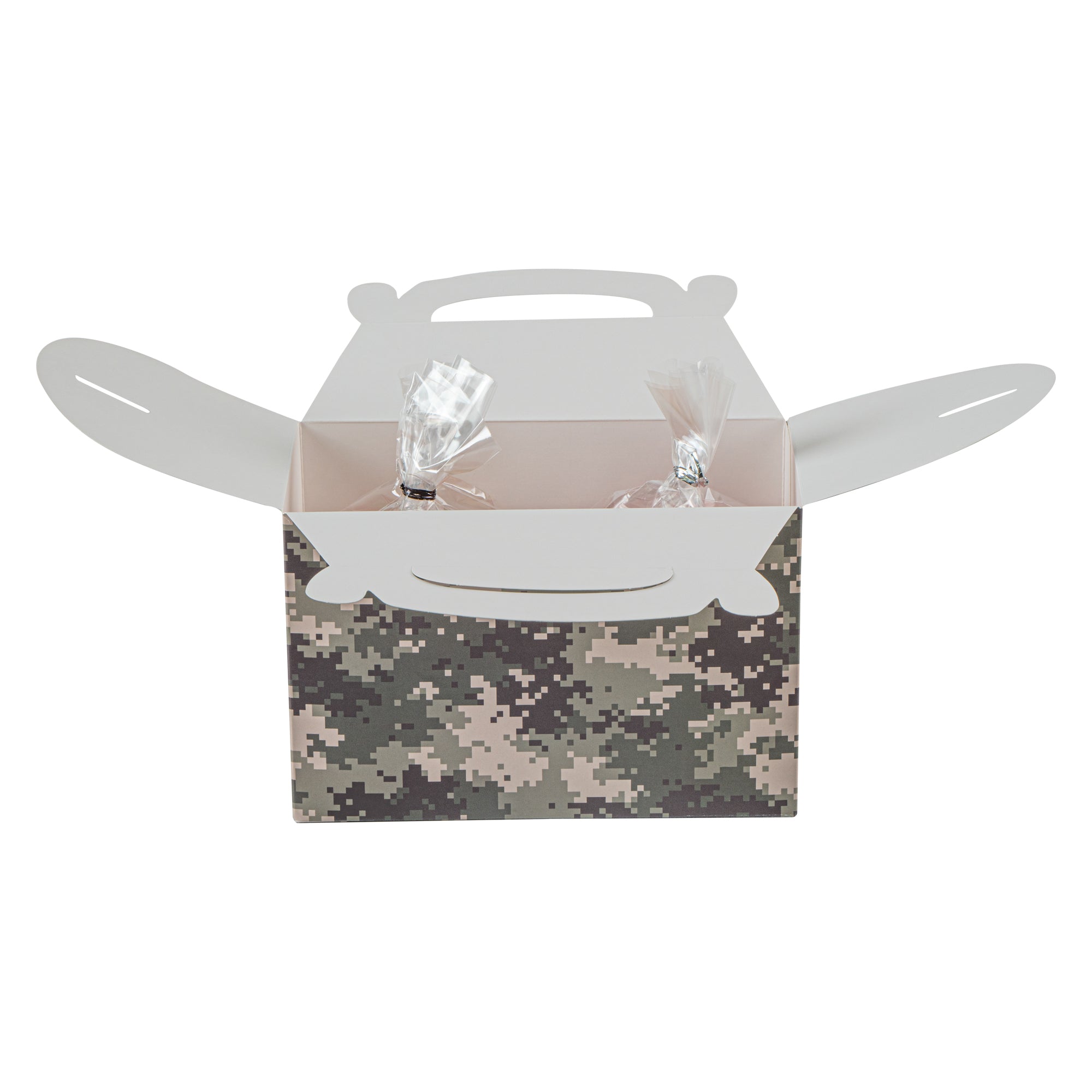 Bio Tek Camouflage Paper Gable Box / Take Out Container - Compostable - 8 1/2" x 4 3/4" x 5 1/2" - 25 count box