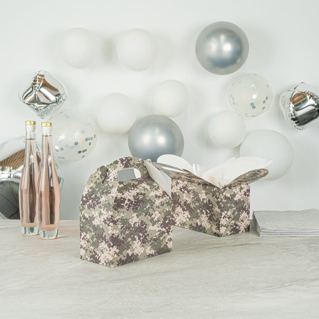 Bio Tek Camouflage Paper Gable Box / Take Out Container - Compostable - 8 1/2" x 4 3/4" x 5 1/2" - 25 count box