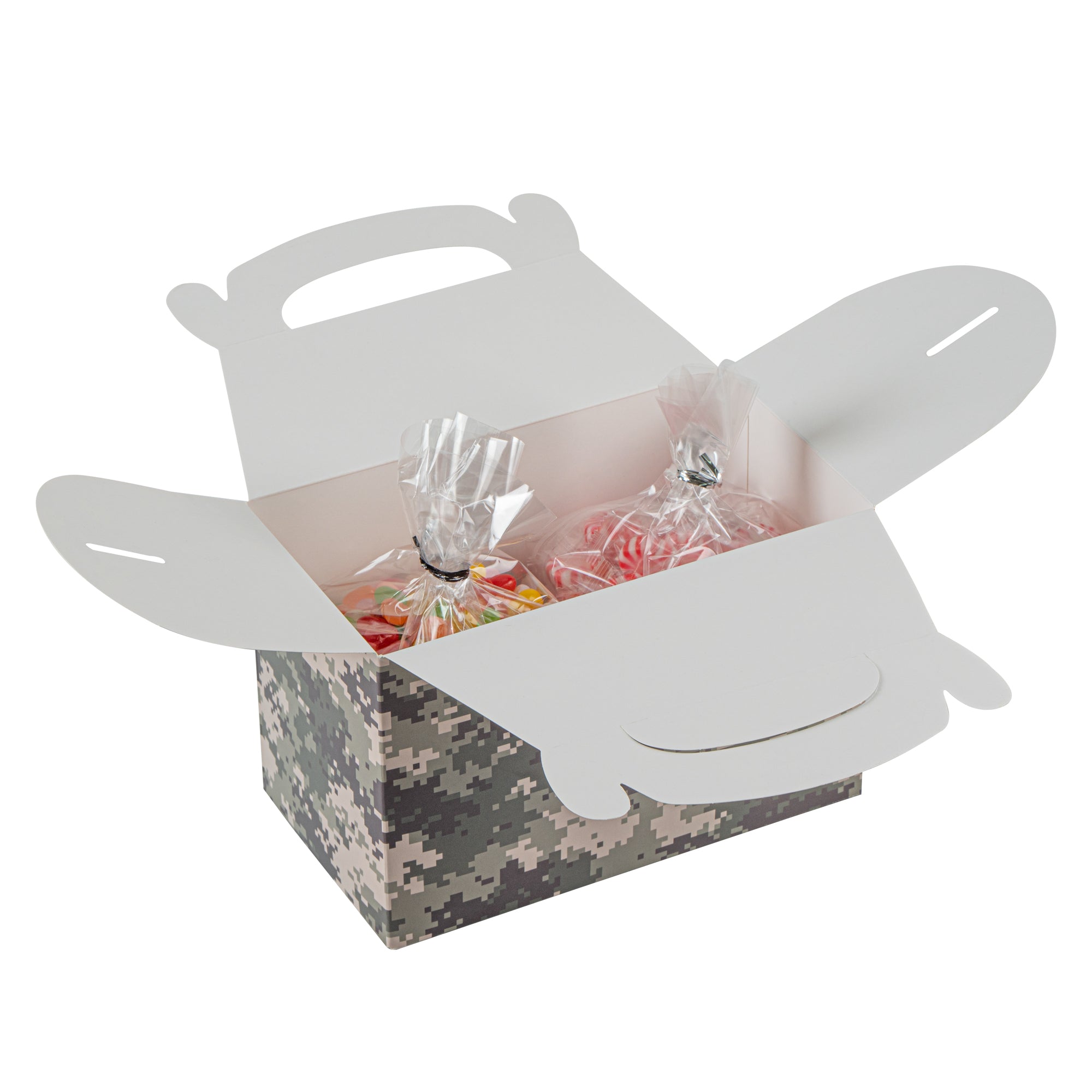 Bio Tek Camouflage Paper Gable Box / Take Out Container - Compostable - 8 1/2" x 4 3/4" x 5 1/2" - 100 count box