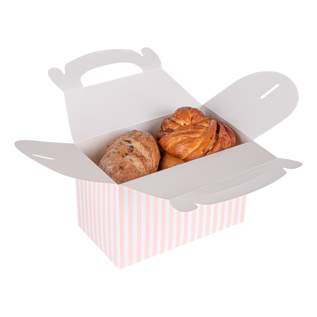 Bio Tek Pink & White Stripe Paper Gable Box / Take Out Container - Compostable - 8 1/2" x 4 3/4" x 5 1/2" - 25 count box