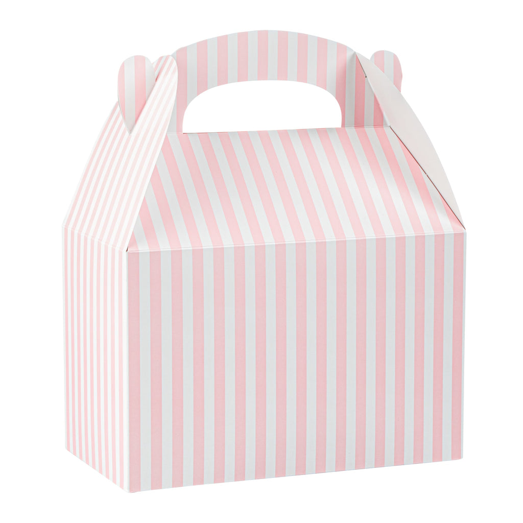 Bio Tek Pink & White Stripe Paper Gable Box / Take Out Container - Compostable - 8 1/2" x 4 3/4" x 5 1/2" - 25 count box