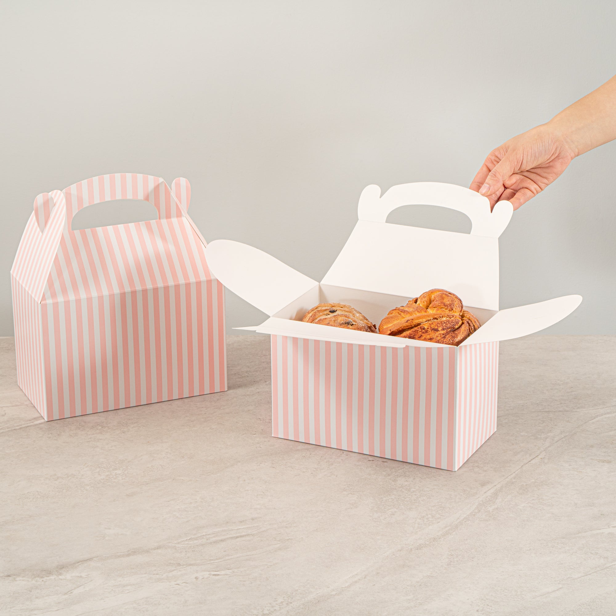 Bio Tek Pink & White Stripe Paper Gable Box / Take Out Container - Compostable - 8 1/2" x 4 3/4" x 5 1/2" - 25 count box