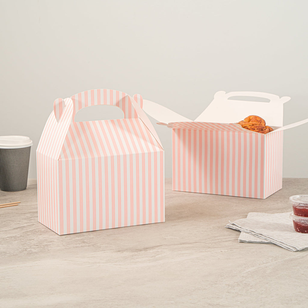Bio Tek Pink & White Stripe Paper Gable Box / Take Out Container - Compostable - 8 1/2" x 4 3/4" x 5 1/2" - 25 count box