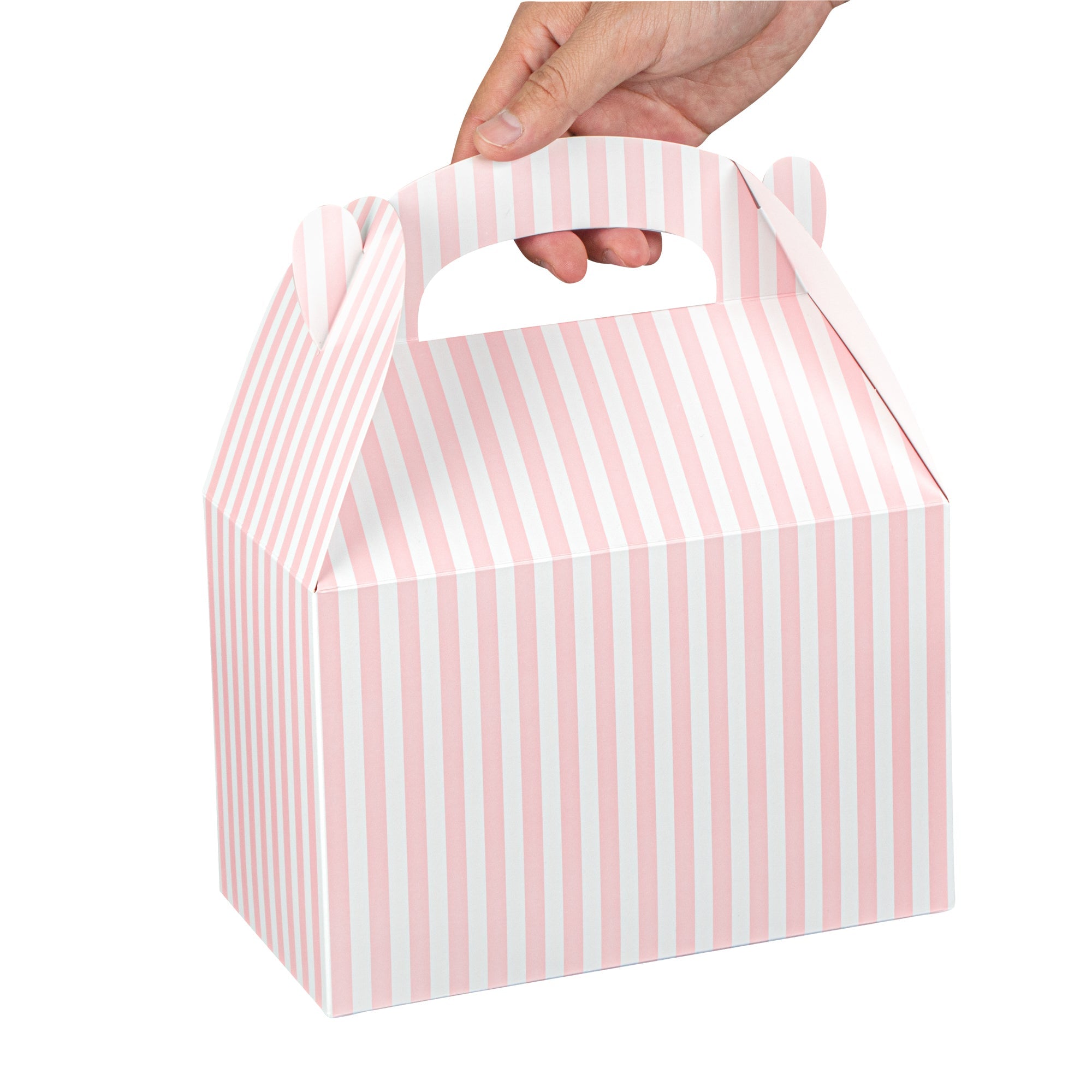 Bio Tek Pink & White Stripe Paper Gable Box / Take Out Container - Compostable - 8 1/2" x 4 3/4" x 5 1/2" - 100 count box