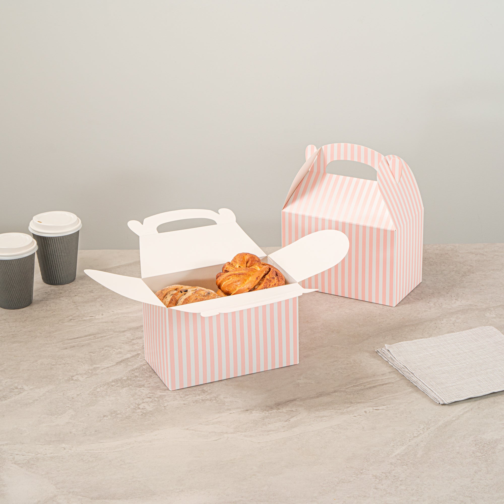Bio Tek Pink & White Stripe Paper Gable Box / Take Out Container - Compostable - 8 1/2" x 4 3/4" x 5 1/2" - 100 count box