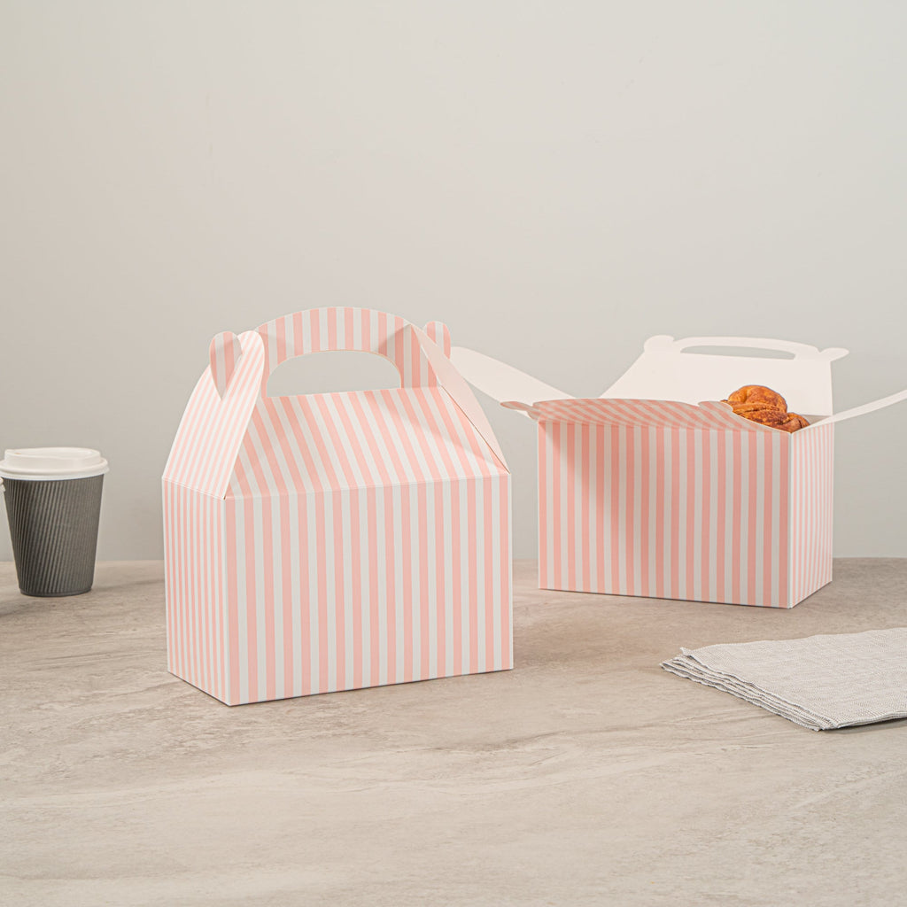 Bio Tek Pink & White Stripe Paper Gable Box / Take Out Container - Compostable - 8 1/2" x 4 3/4" x 5 1/2" - 100 count box
