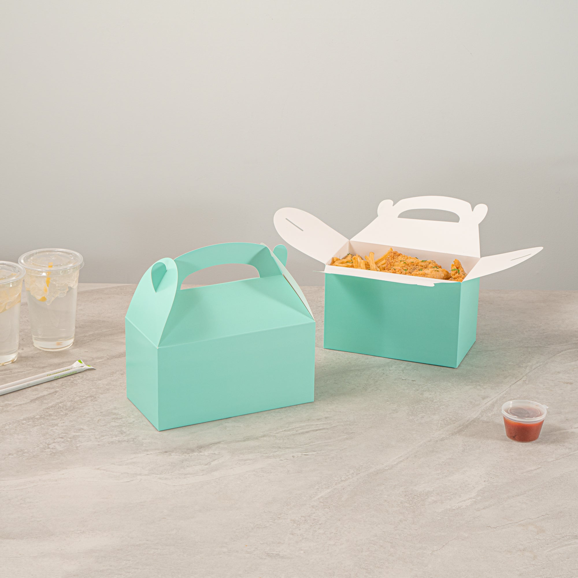 Bio Tek Turquoise Paper Gable Box / Take Out Container - Compostable - 8 1/2" x 4 3/4" x 5 1/2" - 25 count box