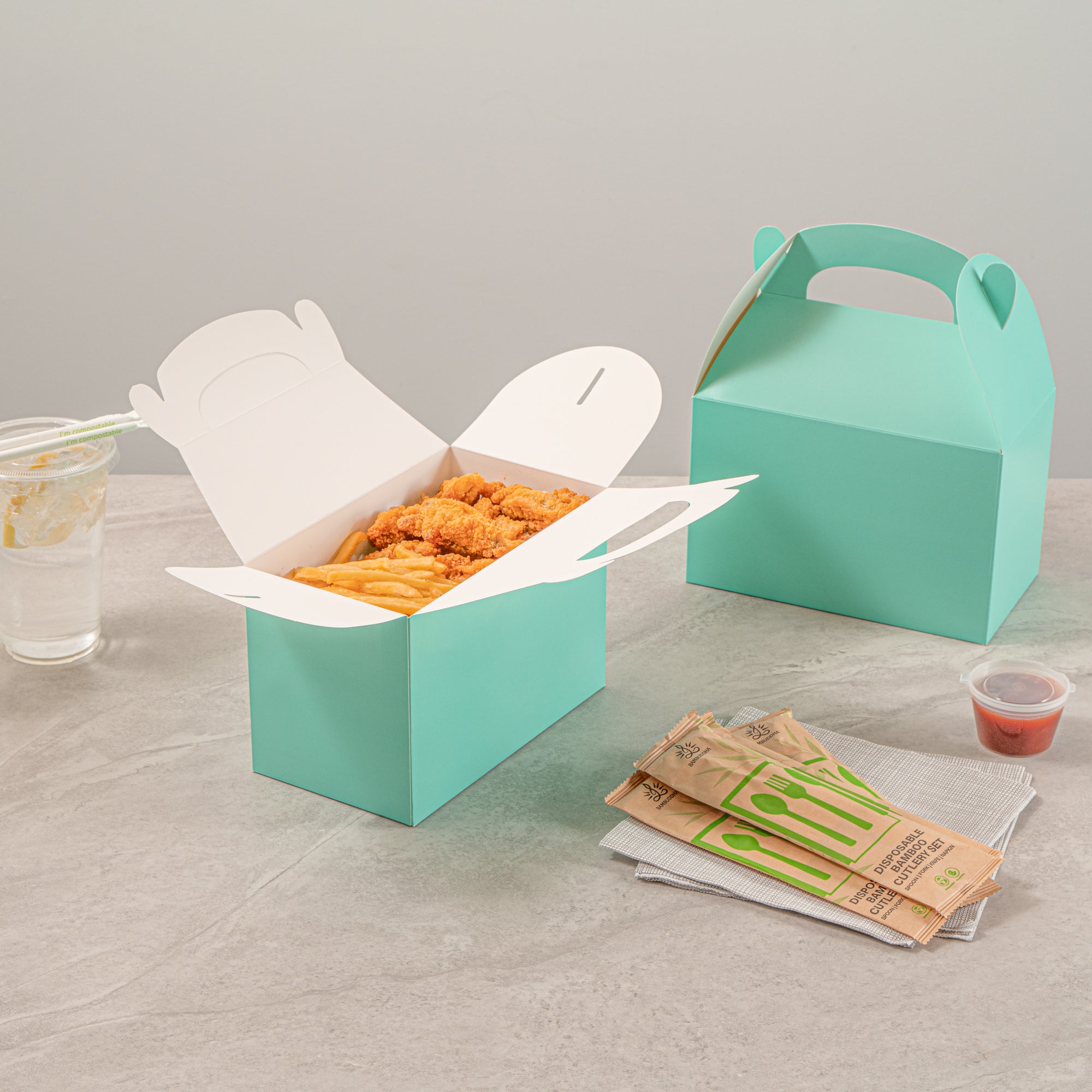 Bio Tek Turquoise Paper Gable Box / Take Out Container - Compostable - 8 1/2" x 4 3/4" x 5 1/2" - 100 count box