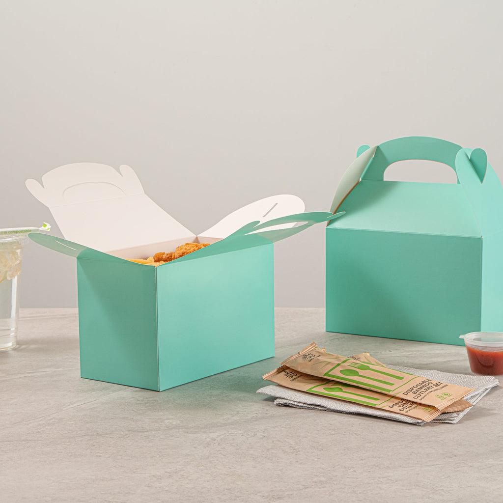 Bio Tek Turquoise Paper Gable Box / Take Out Container - Compostable - 8 1/2" x 4 3/4" x 5 1/2" - 100 count box