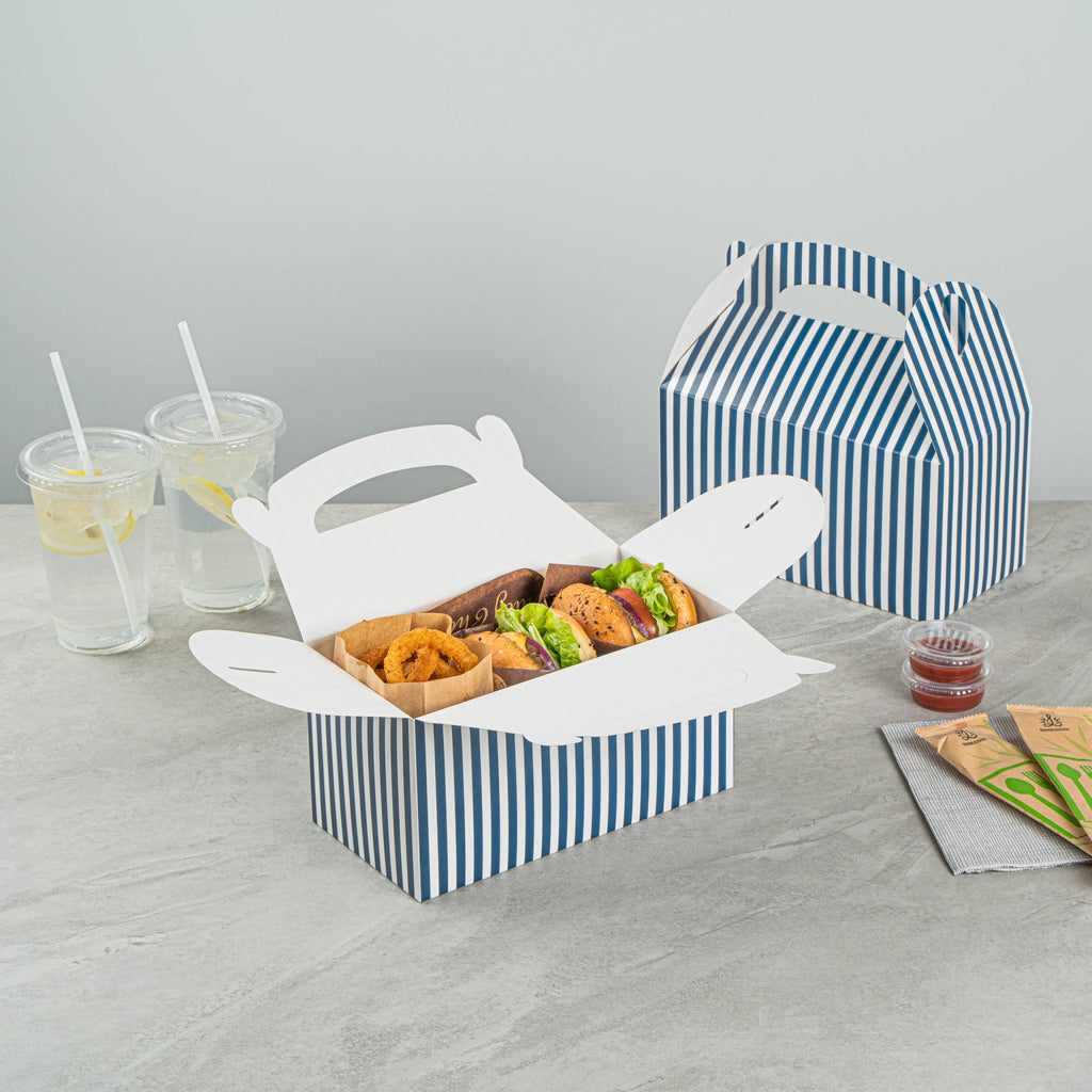 Bio Tek Blue & White Stripe Paper Gable Box / Take Out Container - Compostable - 9 1/2" x 5" x 5" - 25 count box