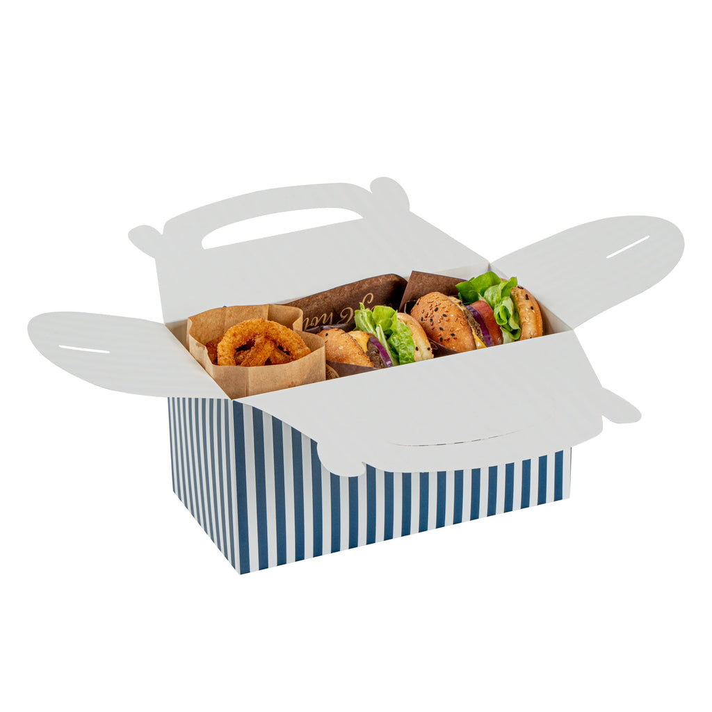 Bio Tek Blue & White Stripe Paper Gable Box / Take Out Container - Compostable - 9 1/2" x 5" x 5" - 25 count box