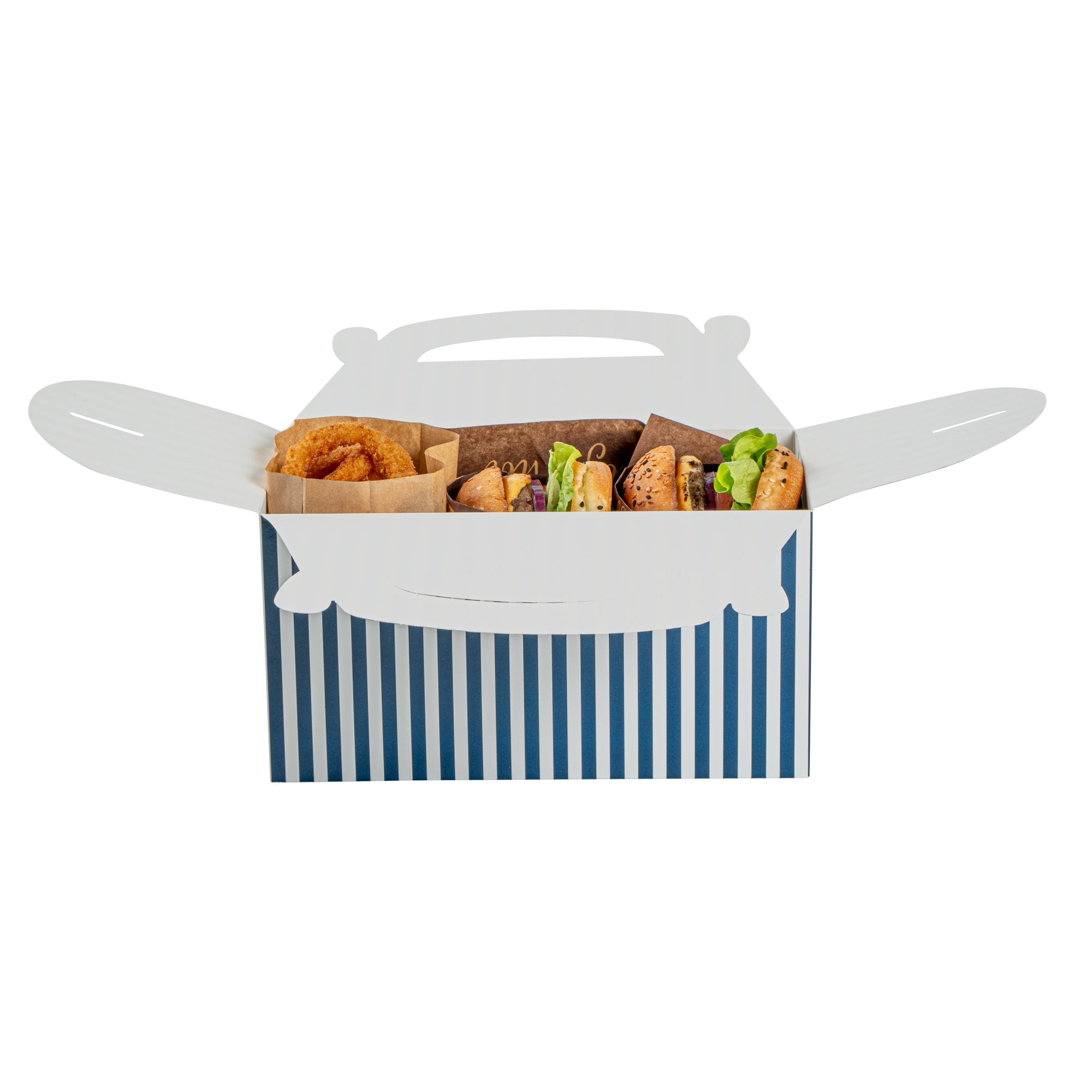 Bio Tek Blue & White Stripe Paper Gable Box / Take Out Container - Compostable - 9 1/2" x 5" x 5" - 25 count box