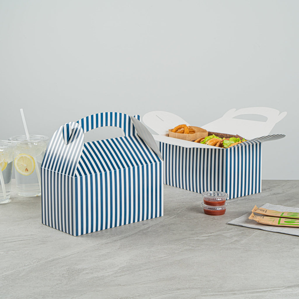 Bio Tek Blue & White Stripe Paper Gable Box / Take Out Container - Compostable - 9 1/2" x 5" x 5" - 25 count box