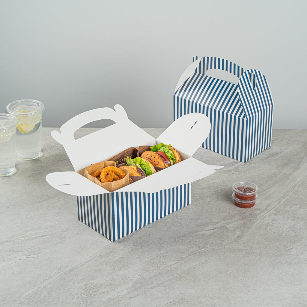 Bio Tek Blue & White Stripe Paper Gable Box / Take Out Container - Compostable - 9 1/2" x 5" x 5" - 25 count box