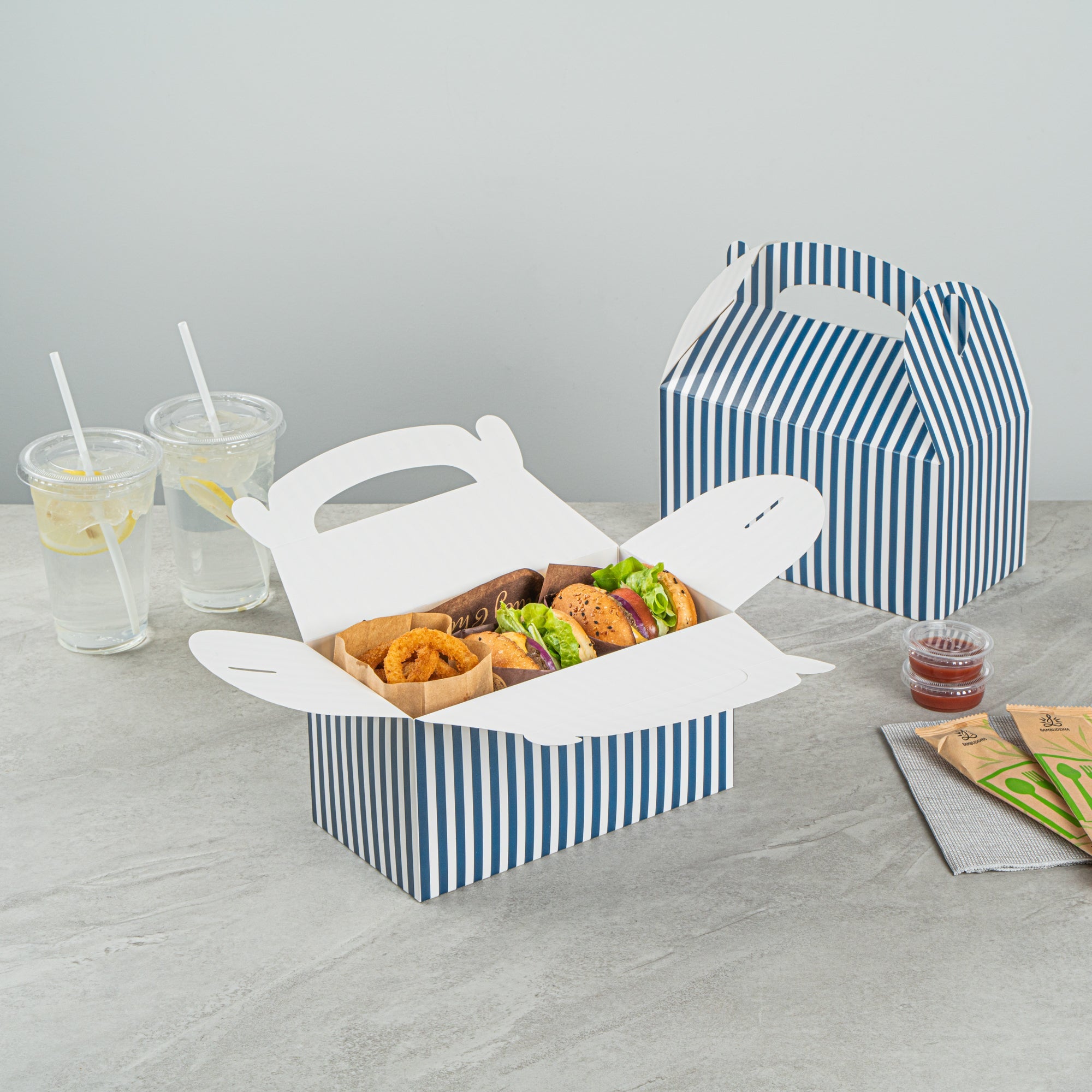 Bio Tek Blue & White Stripe Paper Gable Box / Take Out Container - Compostable - 9 1/2" x 5" x 5" - 100 count box