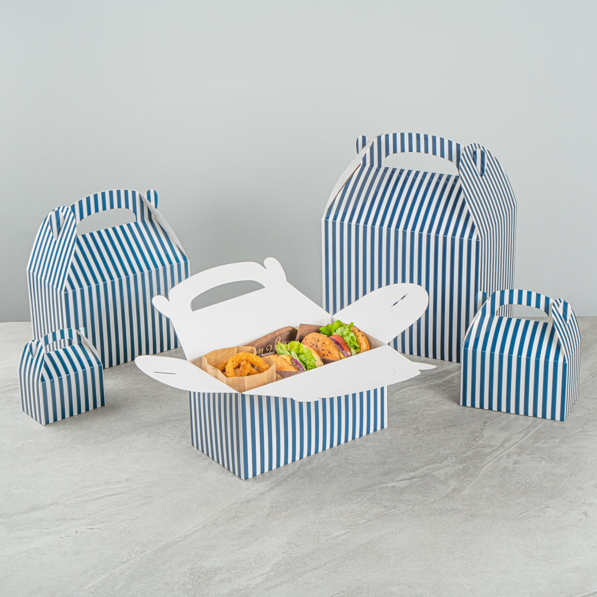 Bio Tek Blue & White Stripe Paper Gable Box / Take Out Container - Compostable - 9 1/2" x 5" x 5" - 100 count box