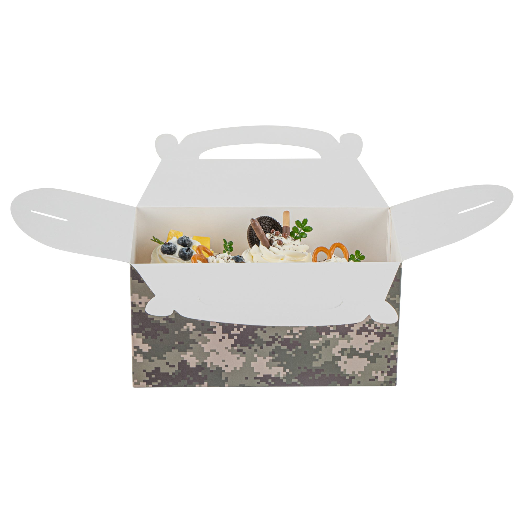 Bio Tek Camouflage Paper Gable Box / Take Out Container - Commercially composatble - 9 1/2" x 5" x 5" - 100 count box