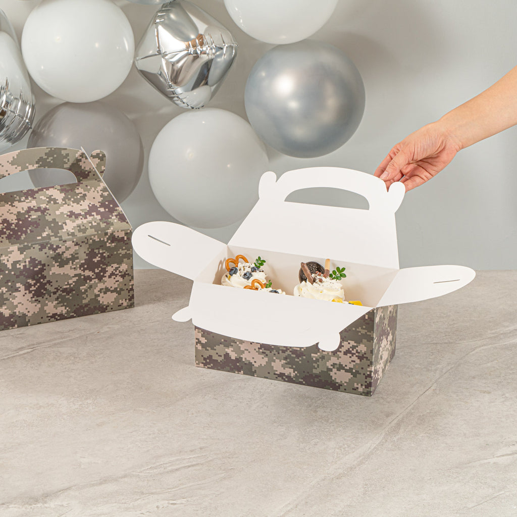 Bio Tek Camouflage Paper Gable Box / Take Out Container - Commercially composatble - 9 1/2" x 5" x 5" - 100 count box