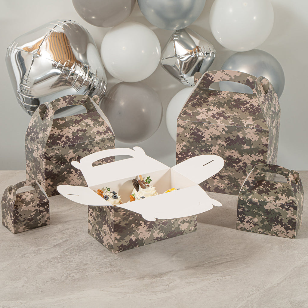 Bio Tek Camouflage Paper Gable Box / Take Out Container - Commercially composatble - 9 1/2" x 5" x 5" - 100 count box
