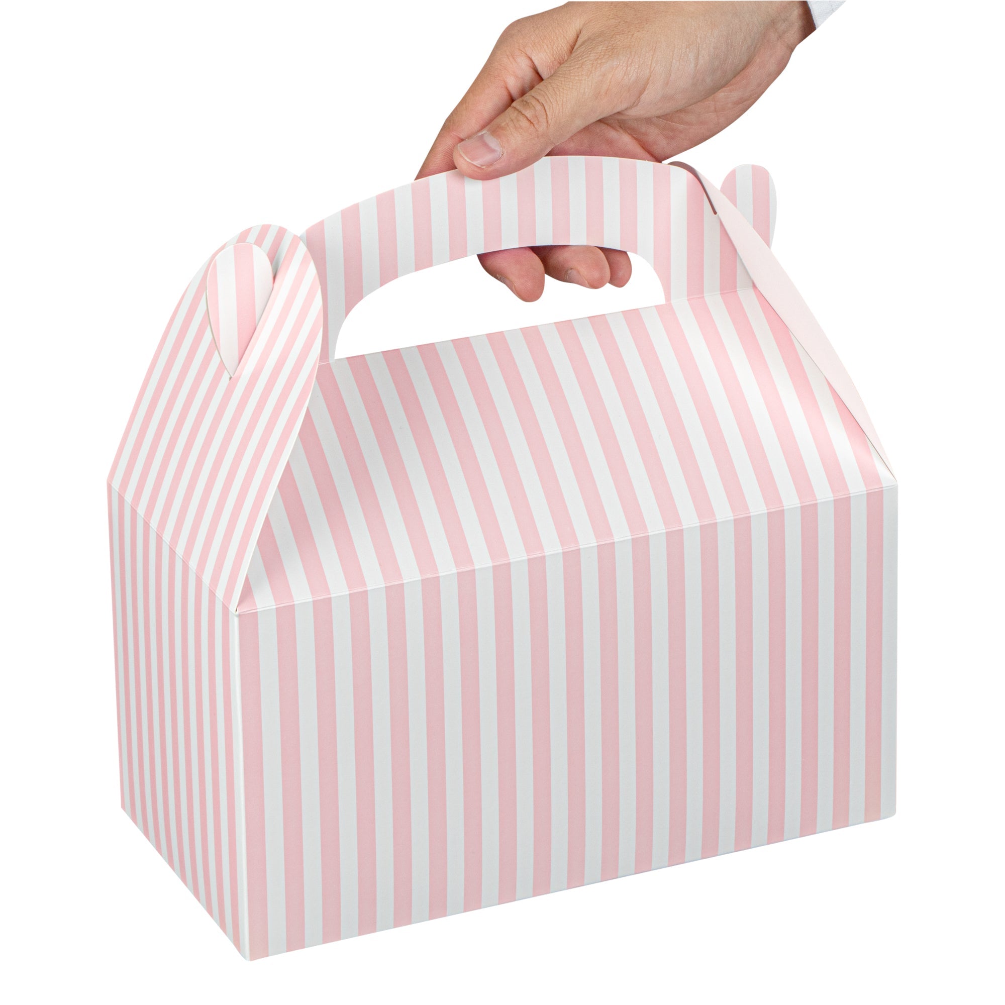 Bio Tek Pink & White Stripe Paper Gable Box / Take Out Container - Compostable - 9 1/2" x 5" x 5" - 25 count box
