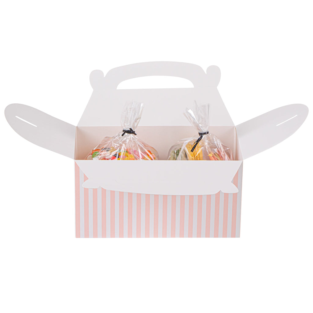 Bio Tek Pink & White Stripe Paper Gable Box / Take Out Container - Compostable - 9 1/2" x 5" x 5" - 25 count box