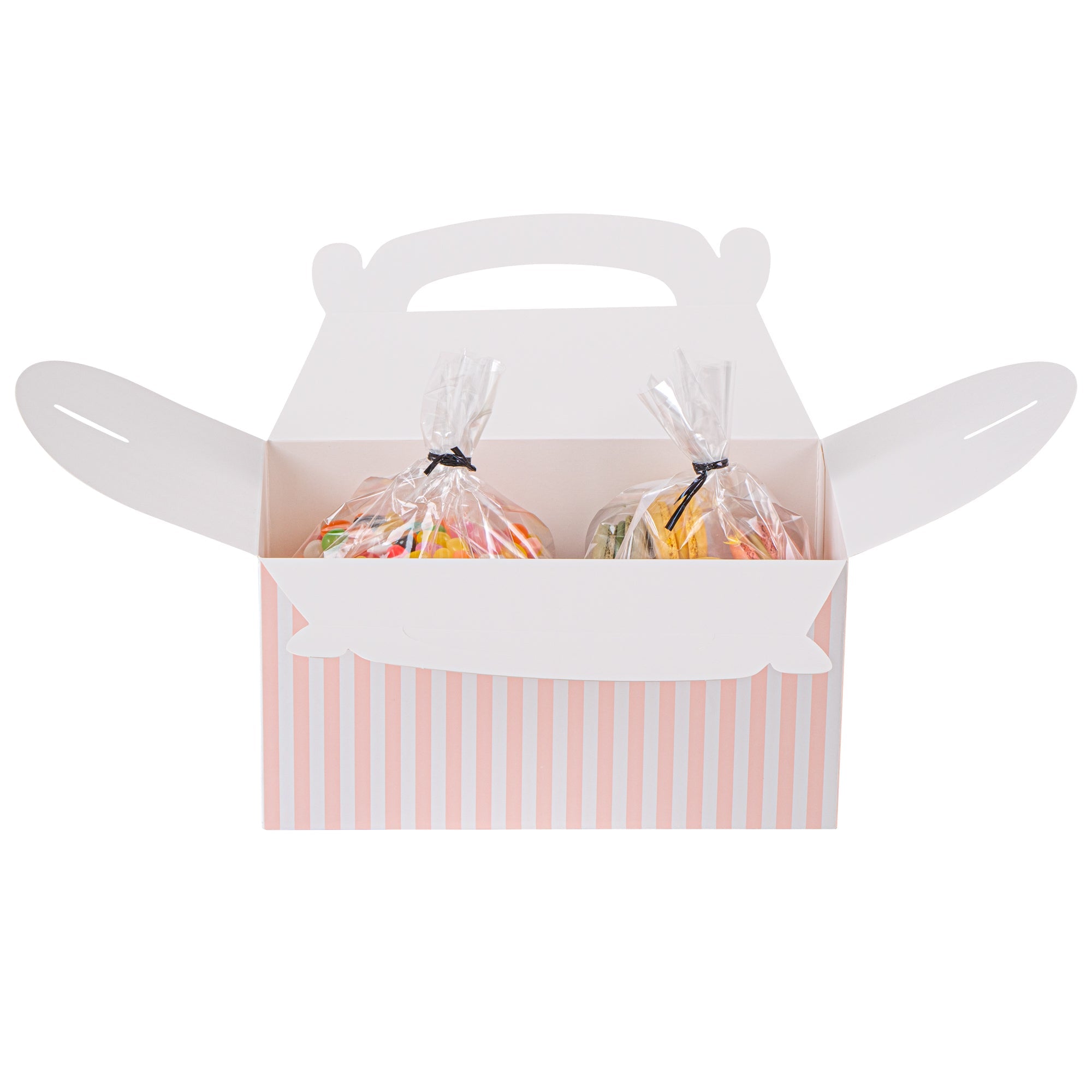 Bio Tek Pink & White Stripe Paper Gable Box / Take Out Container - Compostable - 9 1/2" x 5" x 5" - 25 count box