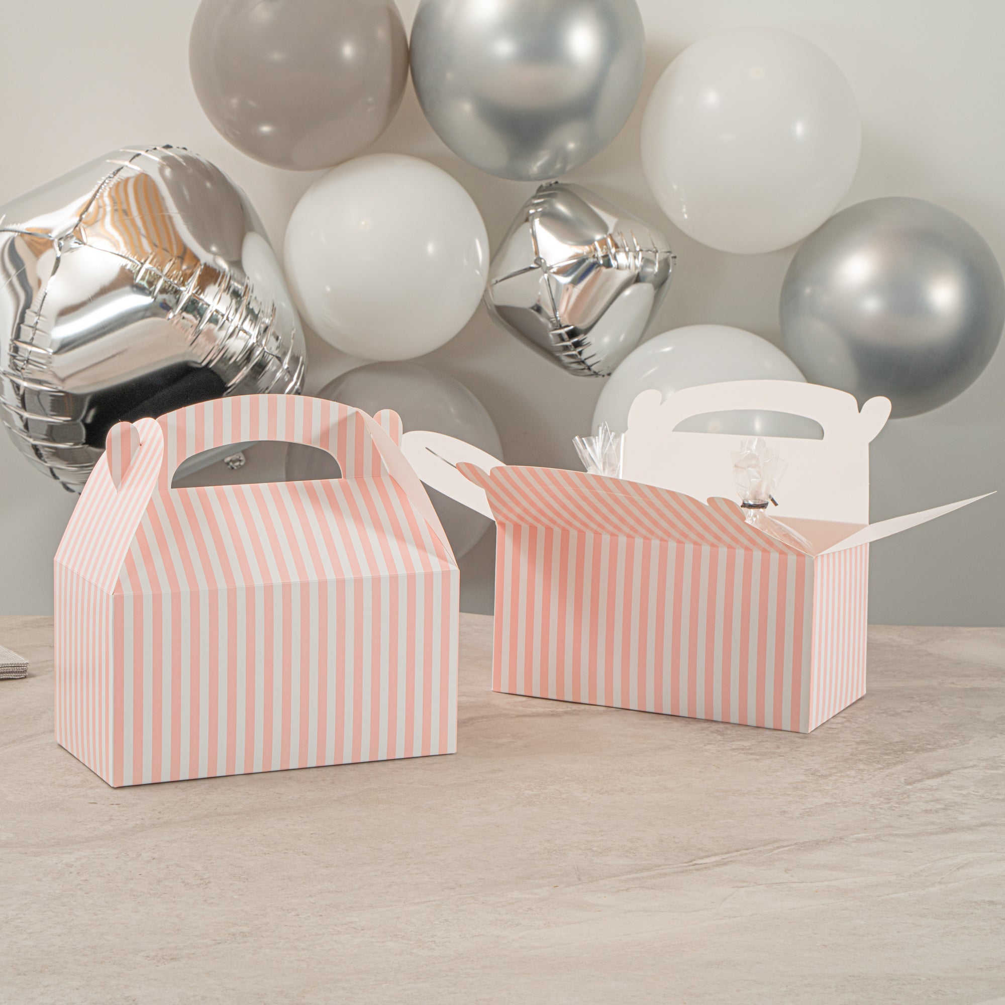 Bio Tek Pink & White Stripe Paper Gable Box / Take Out Container - Compostable - 9 1/2" x 5" x 5" - 25 count box