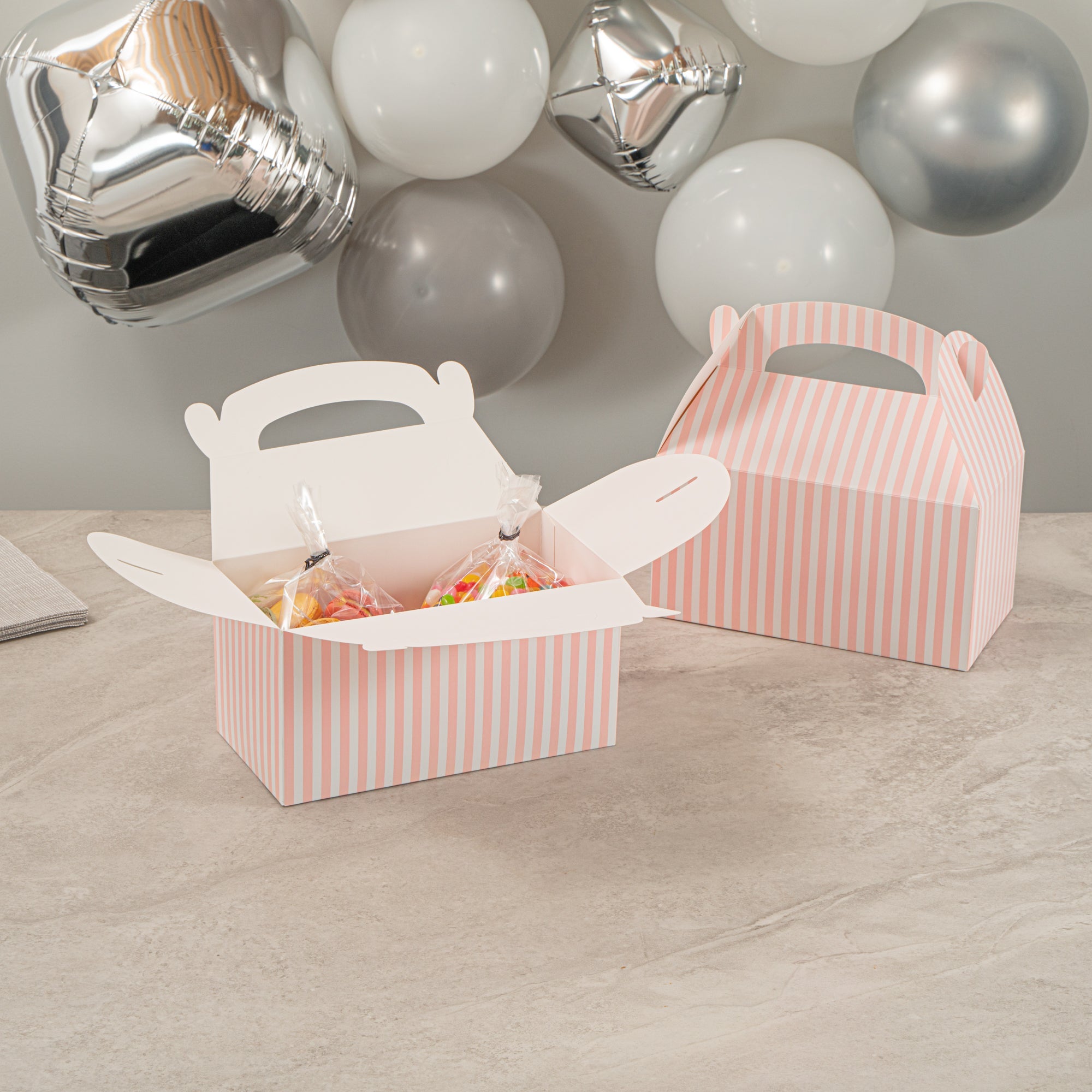 Bio Tek Pink & White Stripe Paper Gable Box / Take Out Container - Compostable - 9 1/2" x 5" x 5" - 25 count box