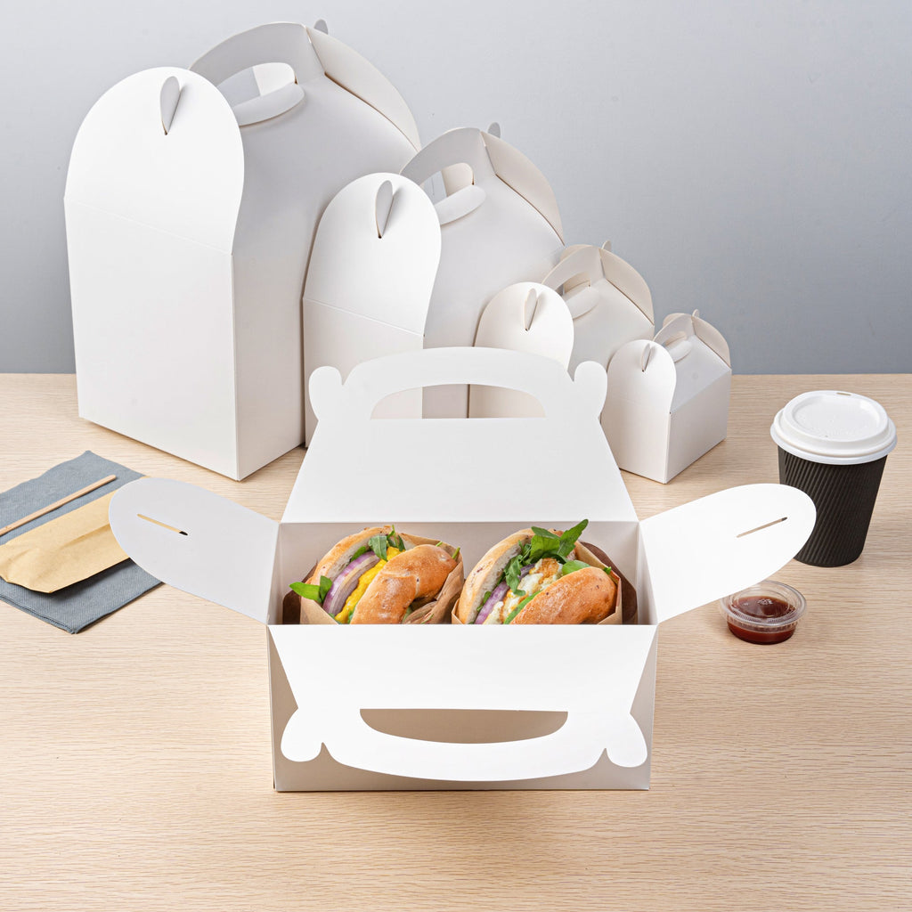 Bio Tek White Paper Gable Box / Take Out Container - Greaseproof - 9 1/2" x 5" x 5" - 25 count box