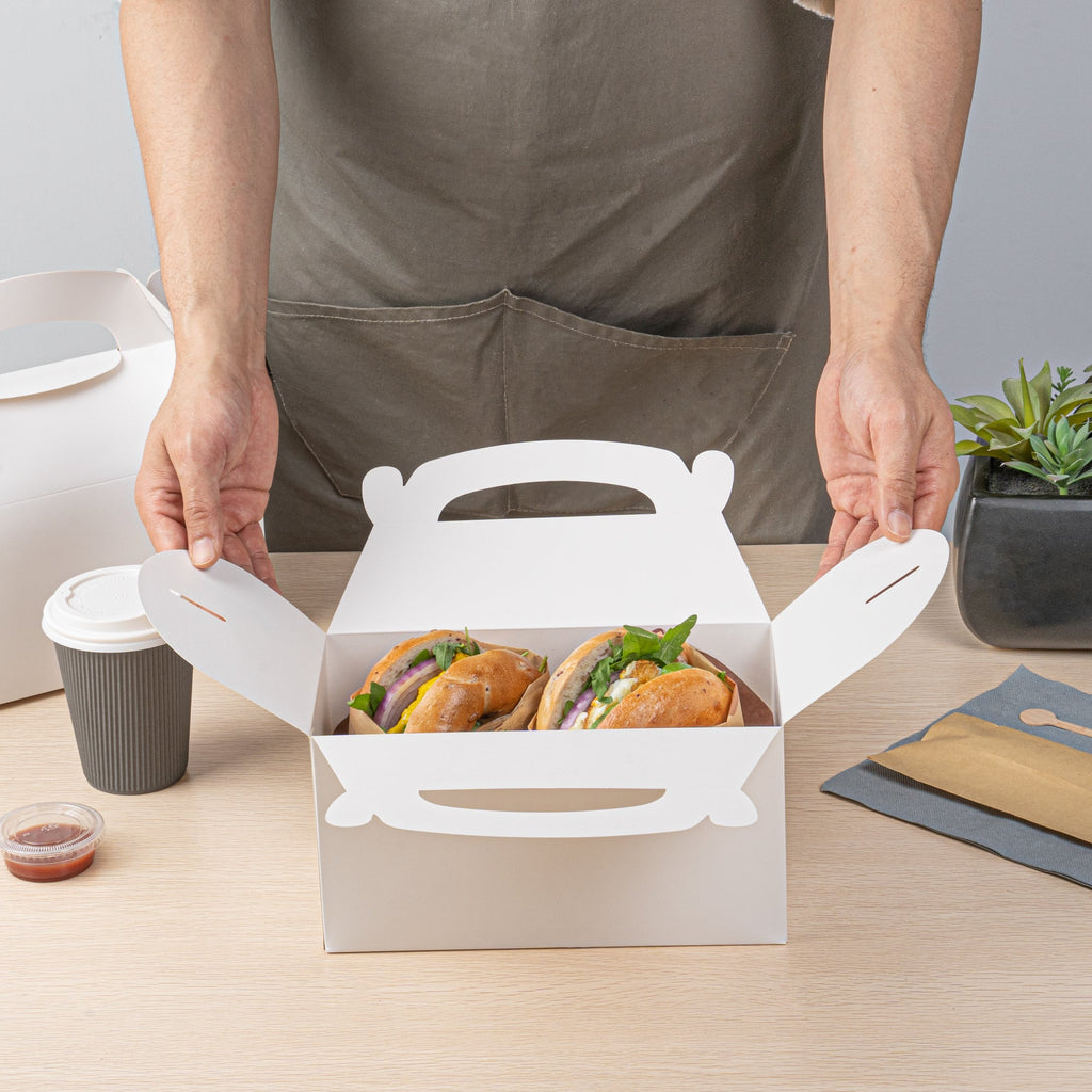 Bio Tek White Paper Gable Box / Take Out Container - Greaseproof - 9 1/2" x 5" x 5" - 100 count box