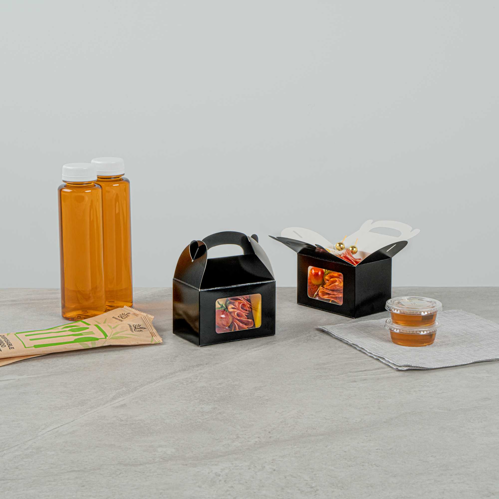 Bio Tek Black Paper Gable Box / Take Out Container - Greaseproof, with Window - 4" x 2 1/2" x 2 1/2" - 25 count box