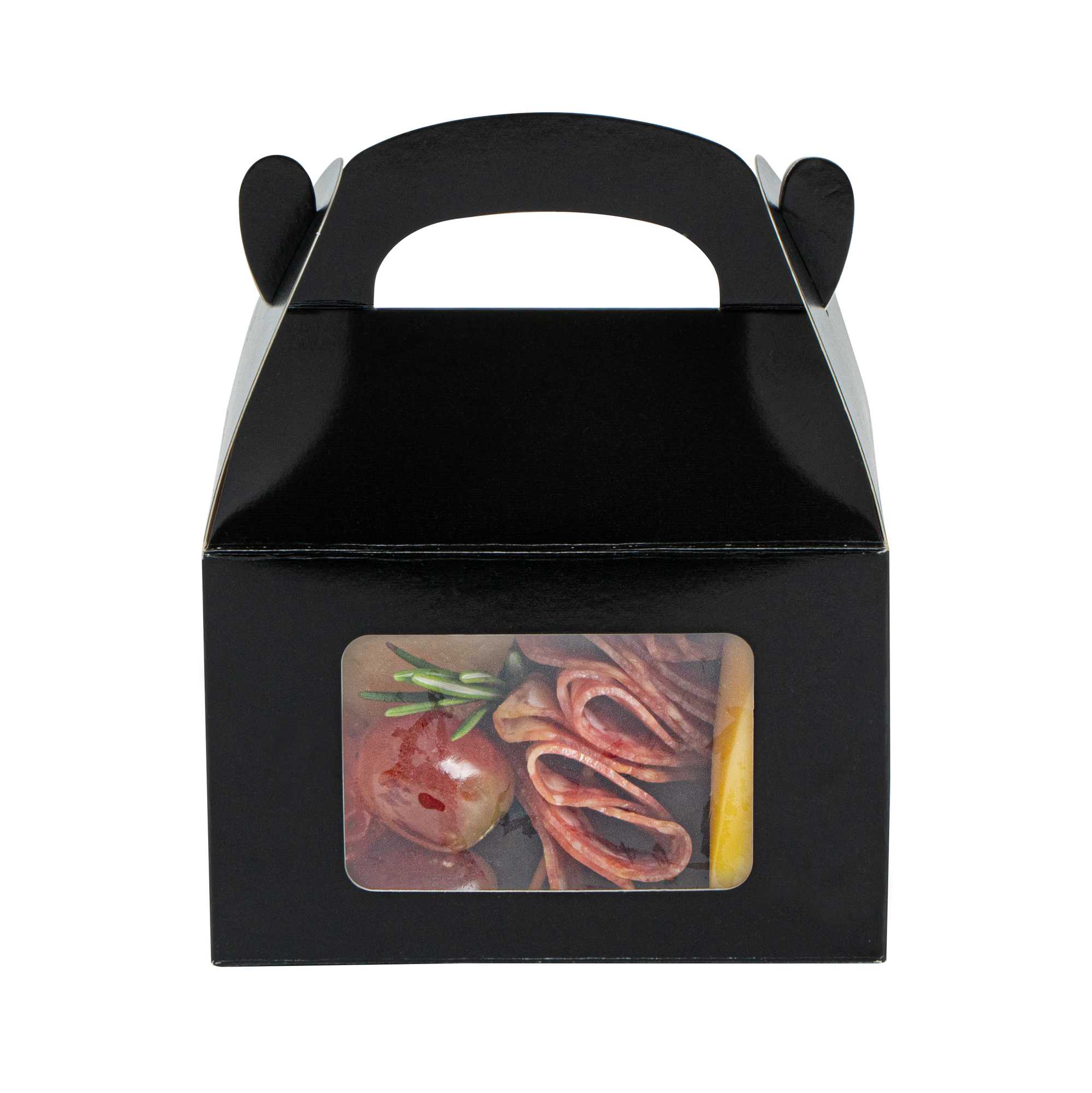 Bio Tek Black Paper Gable Box / Take Out Container - Greaseproof, with Window - 4" x 2 1/2" x 2 1/2" - 25 count box