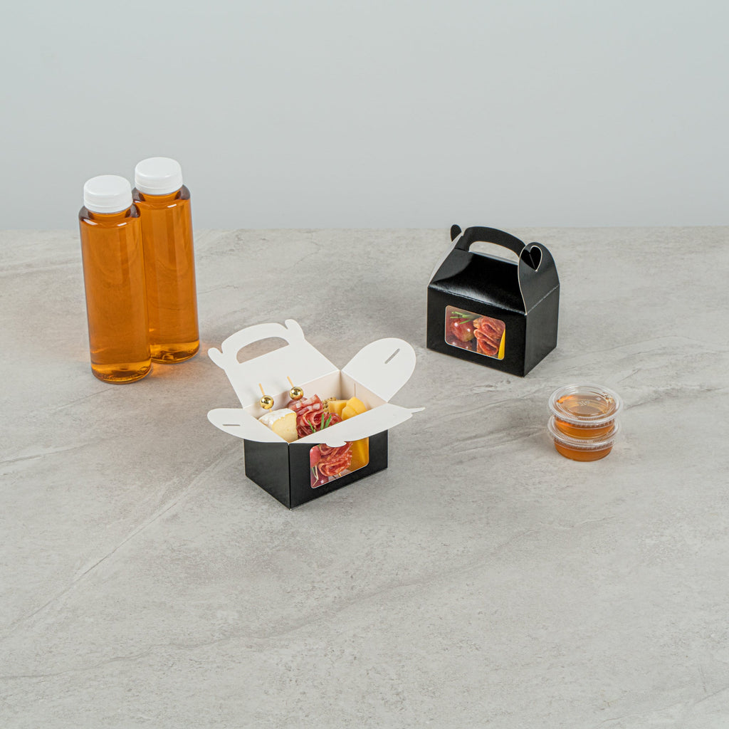 Bio Tek Black Paper Gable Box / Take Out Container - Greaseproof, with Window - 4" x 2 1/2" x 2 1/2" - 100 count box