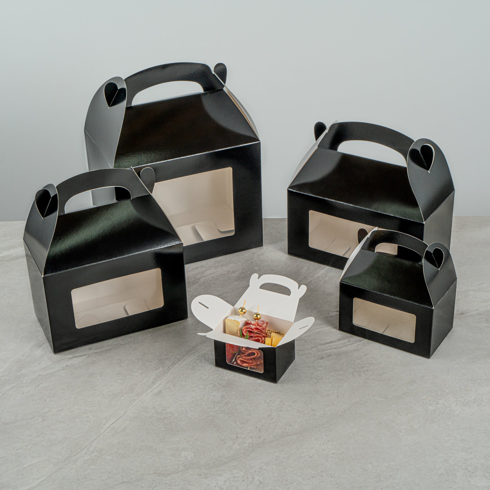 Bio Tek Black Paper Gable Box / Take Out Container - Greaseproof, with Window - 4" x 2 1/2" x 2 1/2" - 100 count box