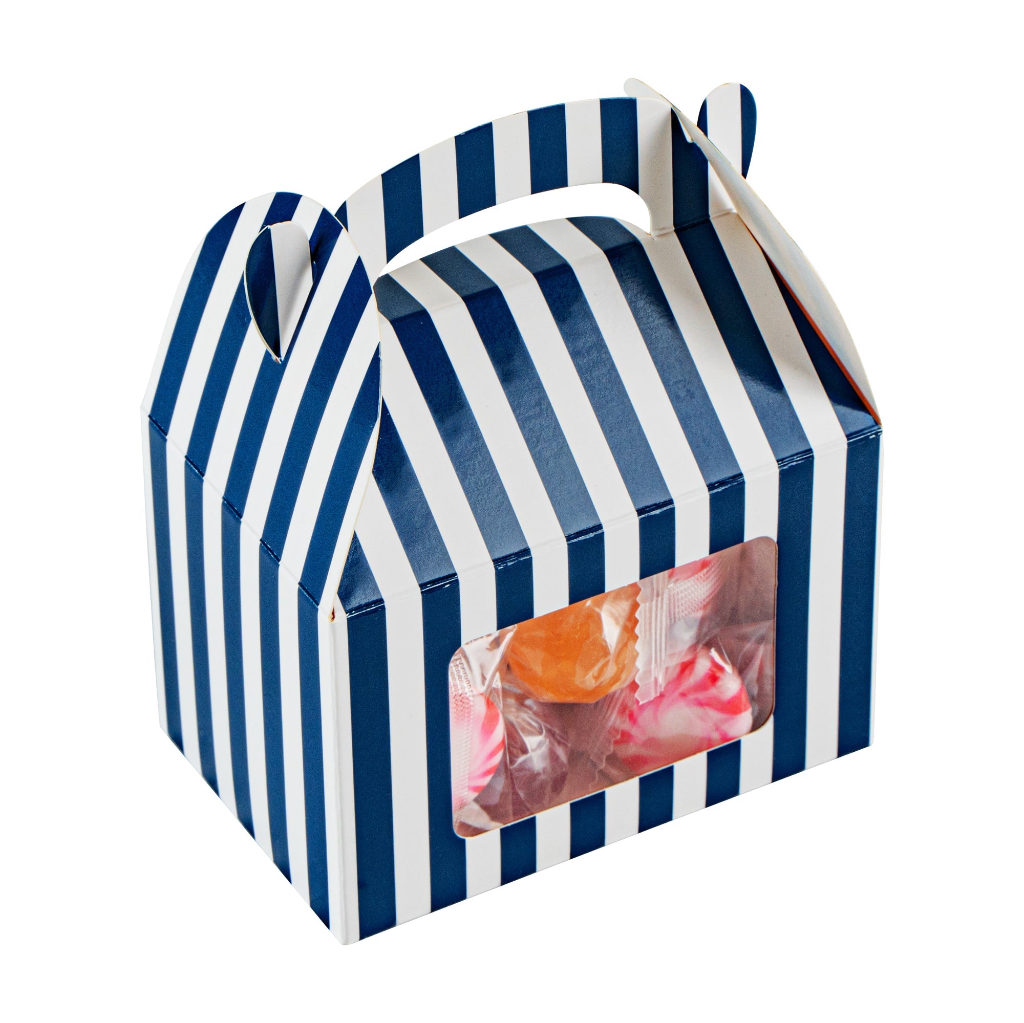 Bio Tek Blue & White Stripe Paper Gable Box / Take Out Container - with Window - 4" x 2 1/2" x 2 1/2" - 100 count box