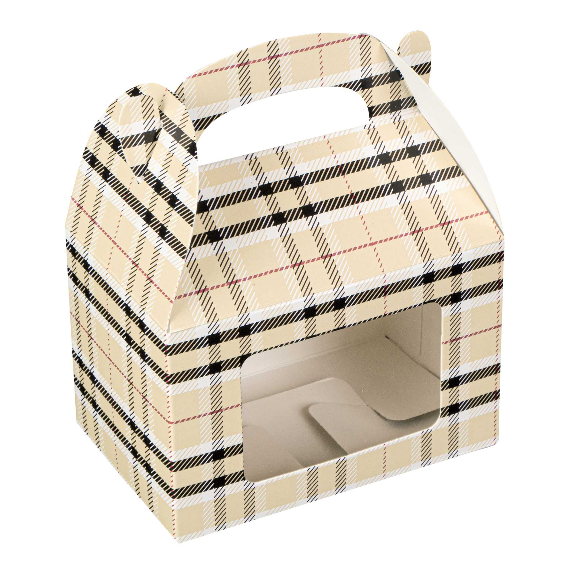 Bio Tek Plaid Paper Gable Box / Take Out Container - with Window - 4" x 2 1/2" x 2 1/2" - 25 count box