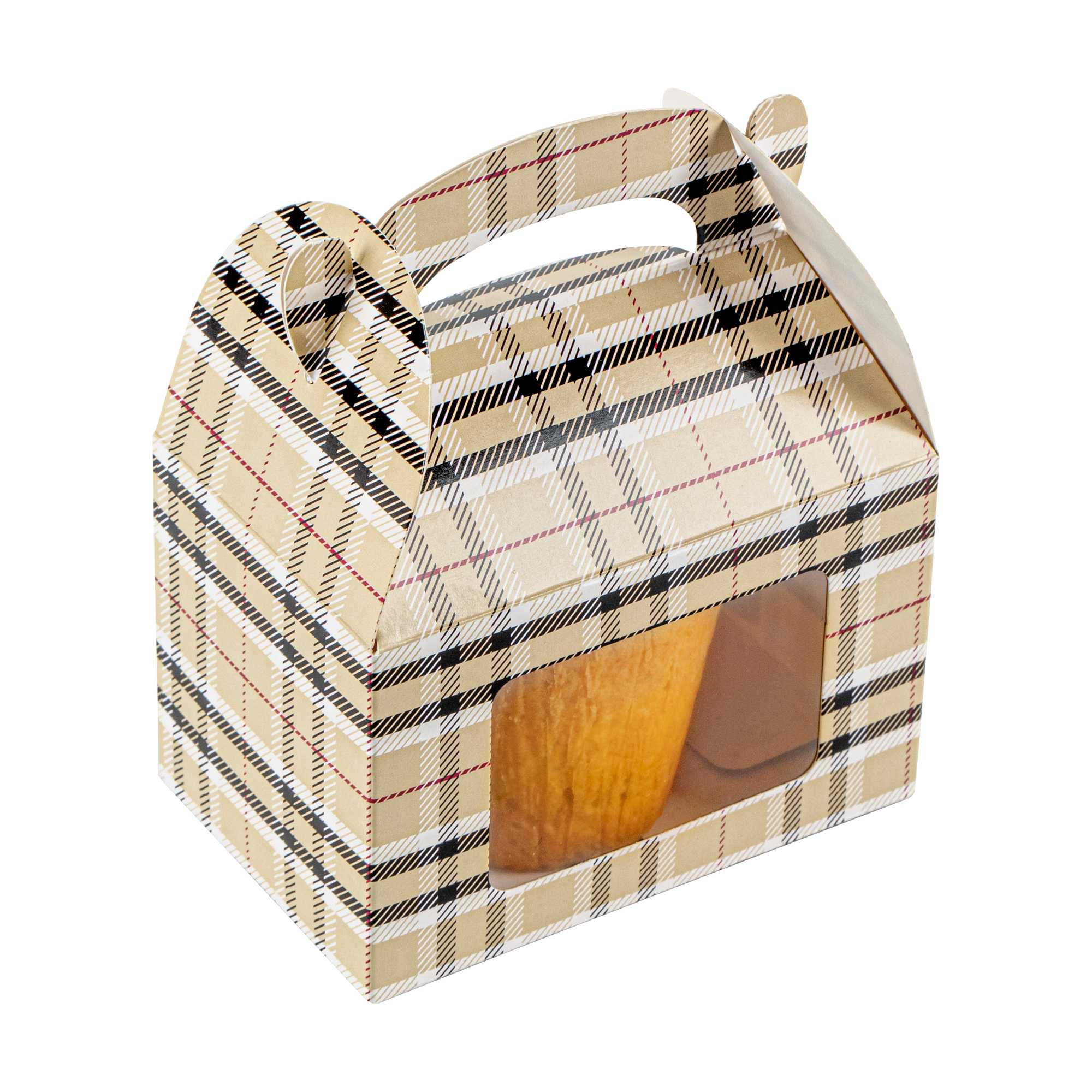 Bio Tek Plaid Paper Gable Box / Take Out Container - with Window - 4" x 2 1/2" x 2 1/2" - 25 count box
