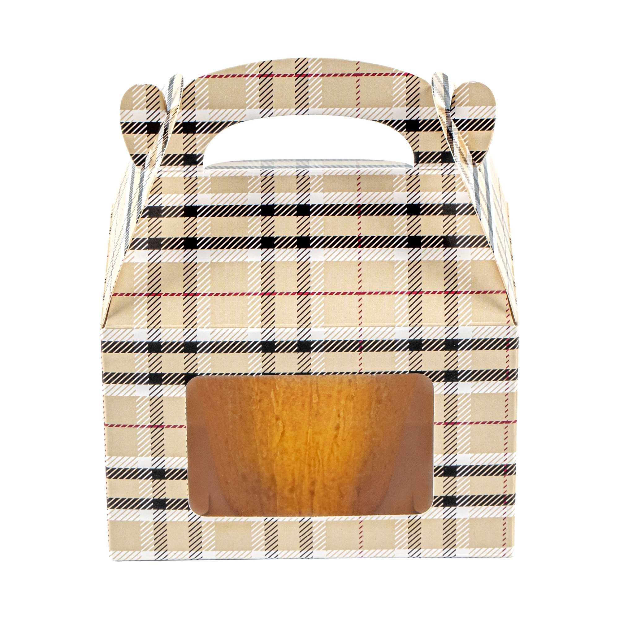 Bio Tek Plaid Paper Gable Box / Take Out Container - with Window - 4" x 2 1/2" x 2 1/2" - 25 count box
