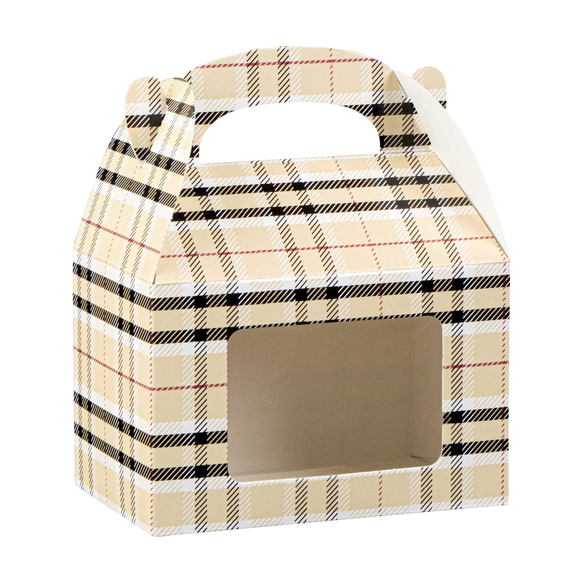 Bio Tek Plaid Paper Gable Box / Take Out Container - with Window - 4" x 2 1/2" x 2 1/2" - 25 count box