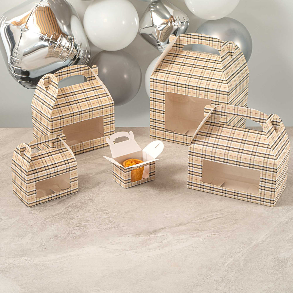 Bio Tek Plaid Paper Gable Box / Take Out Container - with Window - 4" x 2 1/2" x 2 1/2" - 25 count box