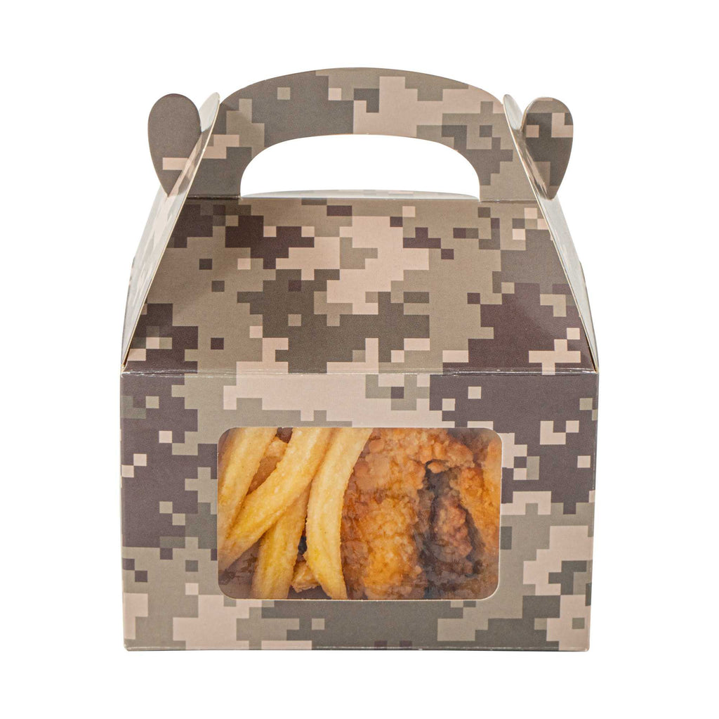 Bio Tek Camouflage Paper Gable Box / Take Out Container - with Window - 4" x 2 1/2" x 2 1/2" - 25 count box