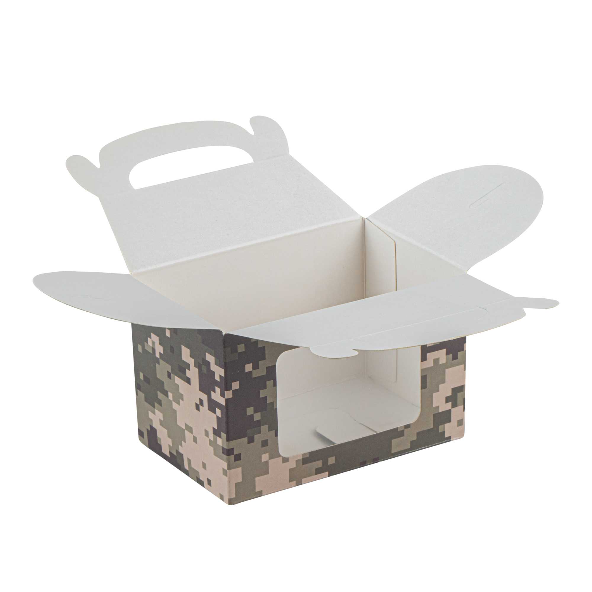 Bio Tek Camouflage Paper Gable Box / Take Out Container - with Window - 4" x 2 1/2" x 2 1/2" - 25 count box