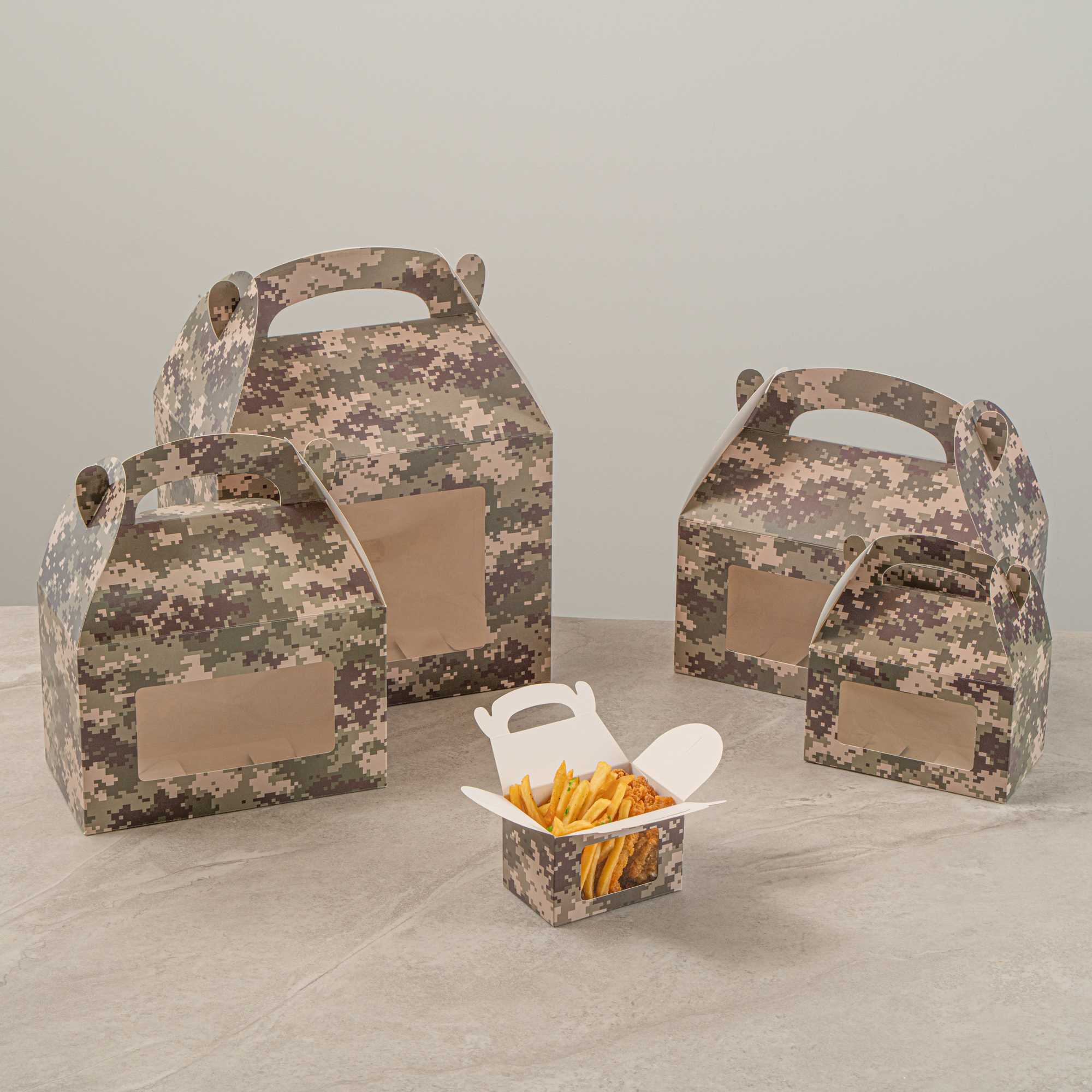 Bio Tek Camouflage Paper Gable Box / Take Out Container - with Window - 4" x 2 1/2" x 2 1/2" - 25 count box