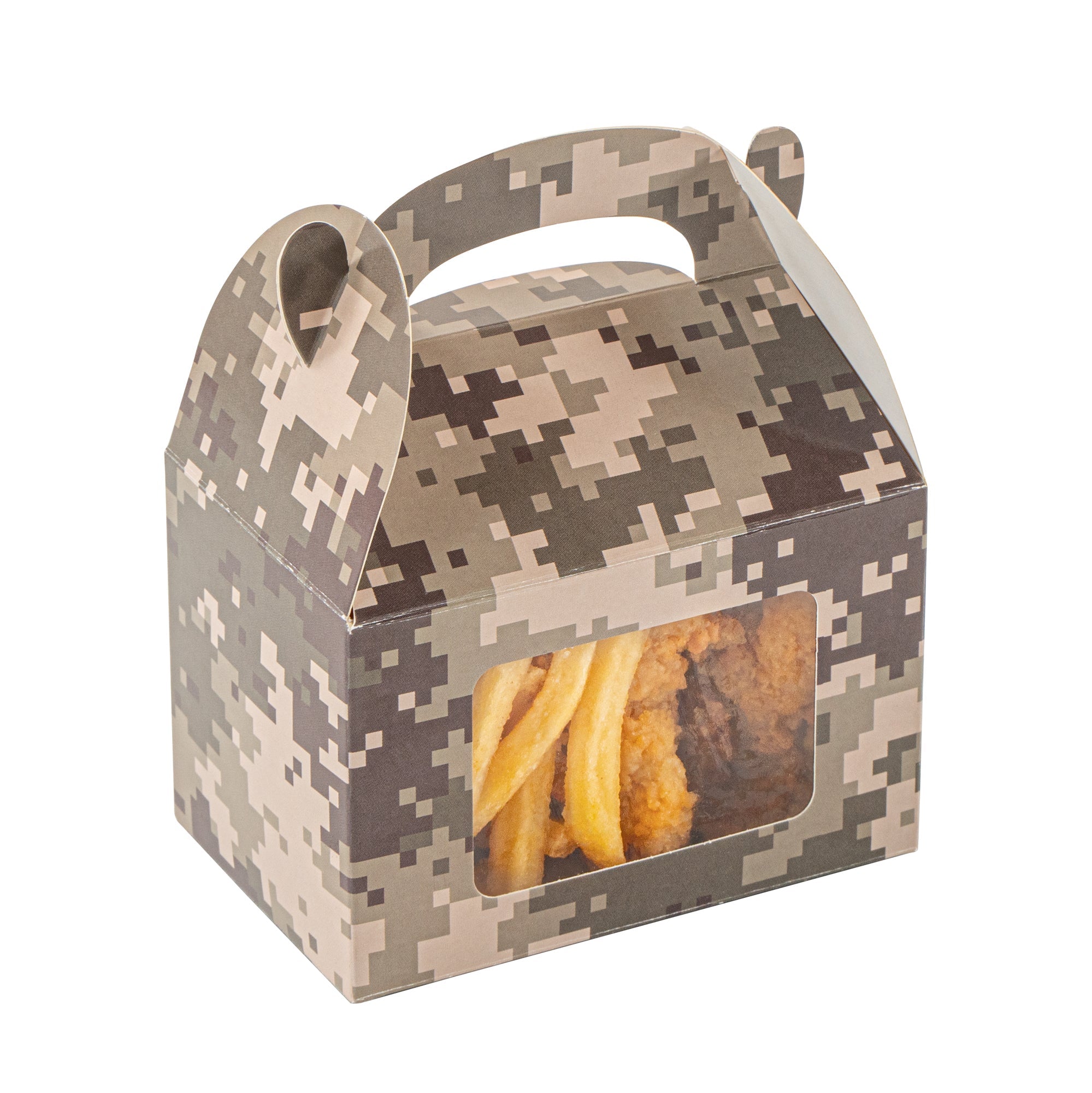 Bio Tek Camouflage Paper Gable Box / Take Out Container - with Window - 4" x 2 1/2" x 2 1/2" - 100 count box