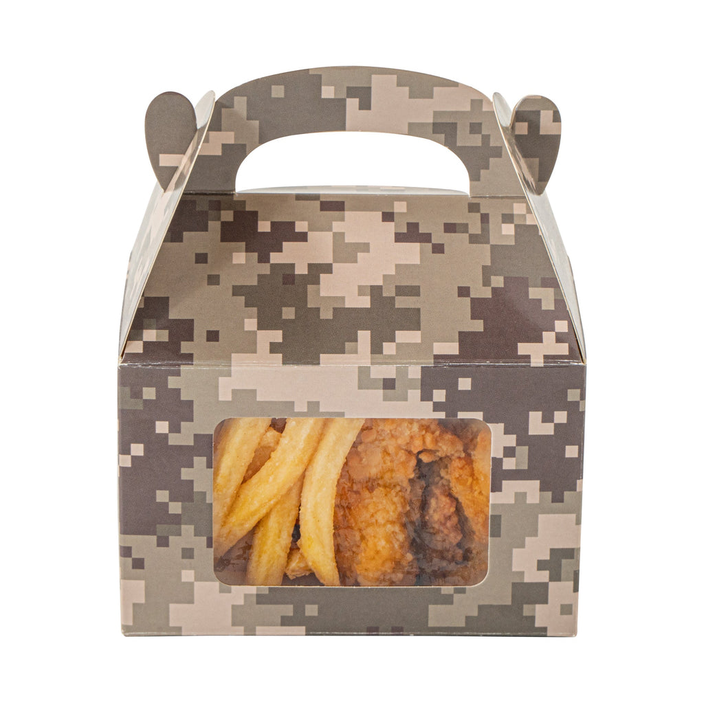Bio Tek Camouflage Paper Gable Box / Take Out Container - with Window - 4" x 2 1/2" x 2 1/2" - 100 count box