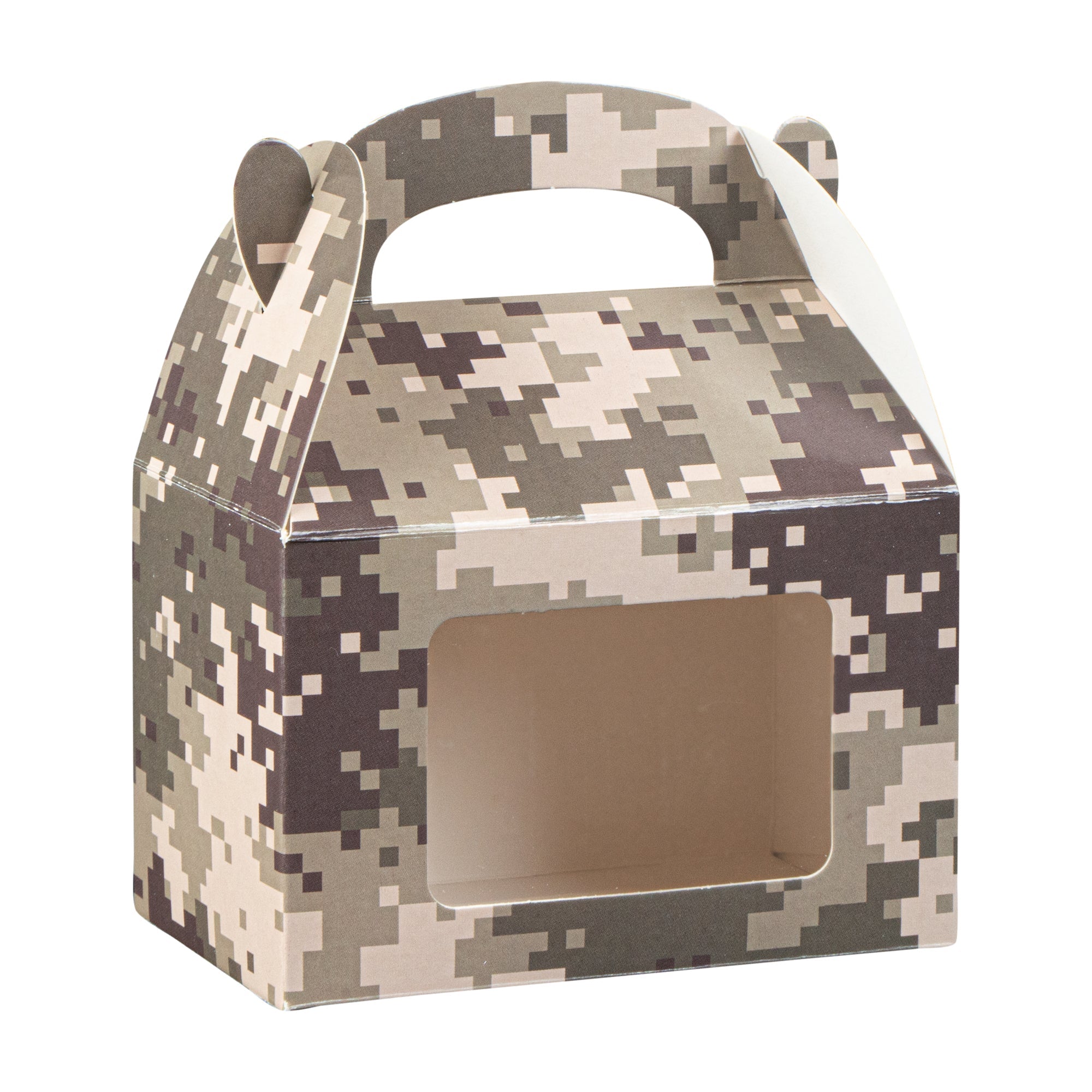 Bio Tek Camouflage Paper Gable Box / Take Out Container - with Window - 4" x 2 1/2" x 2 1/2" - 100 count box