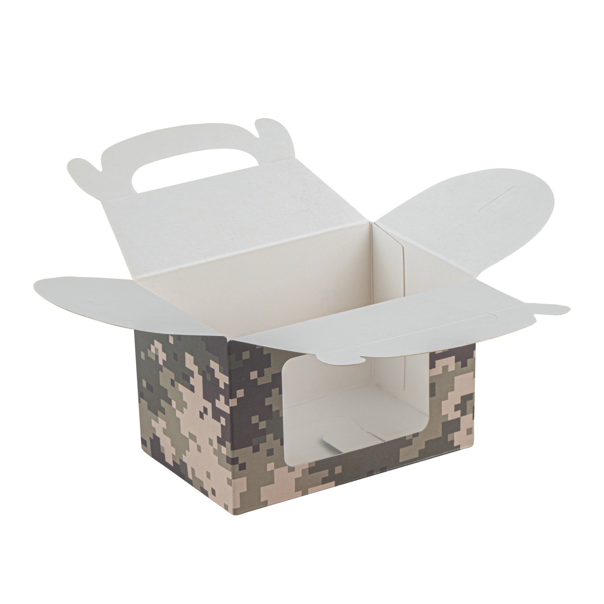 Bio Tek Camouflage Paper Gable Box / Take Out Container - with Window - 4" x 2 1/2" x 2 1/2" - 100 count box