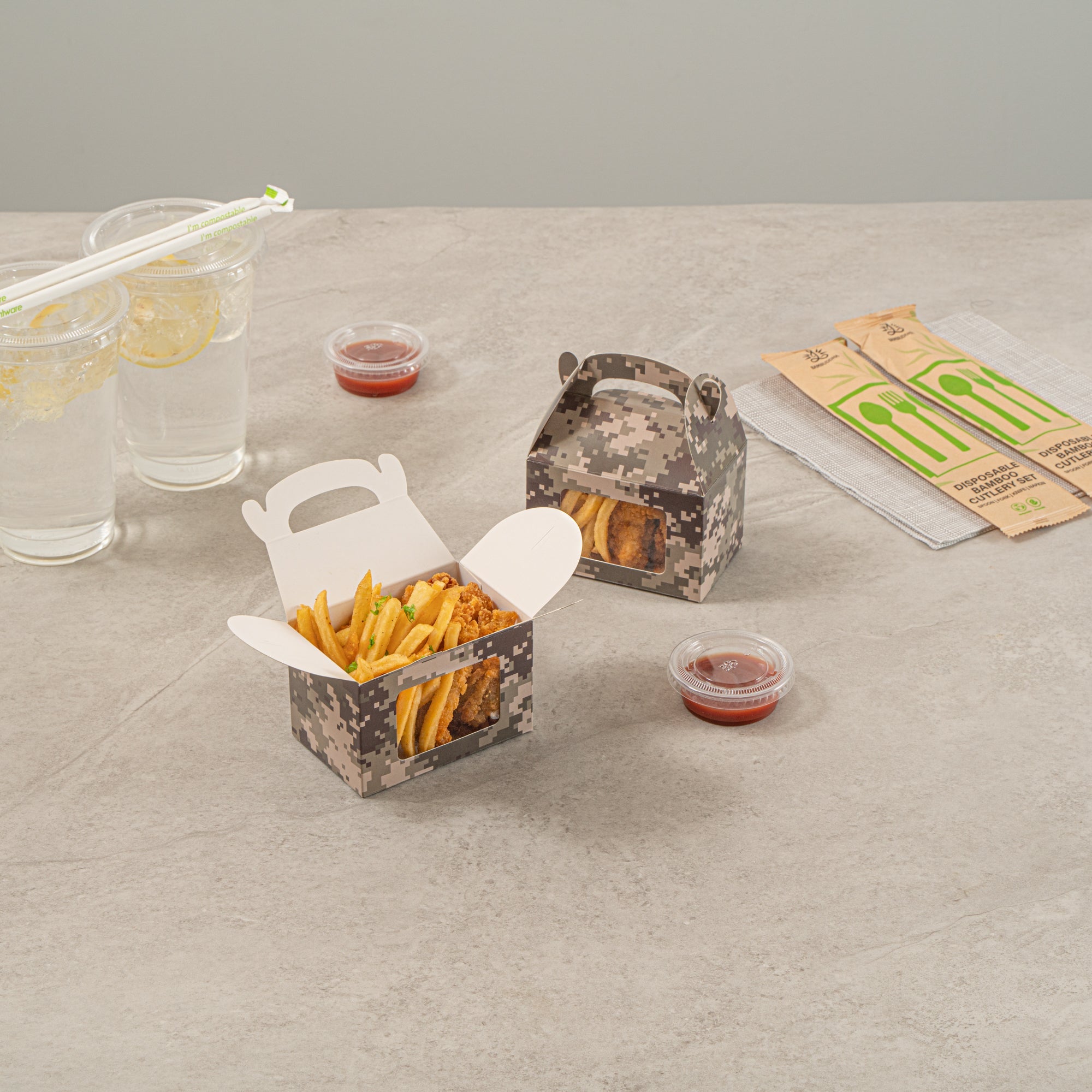 Bio Tek Camouflage Paper Gable Box / Take Out Container - with Window - 4" x 2 1/2" x 2 1/2" - 100 count box
