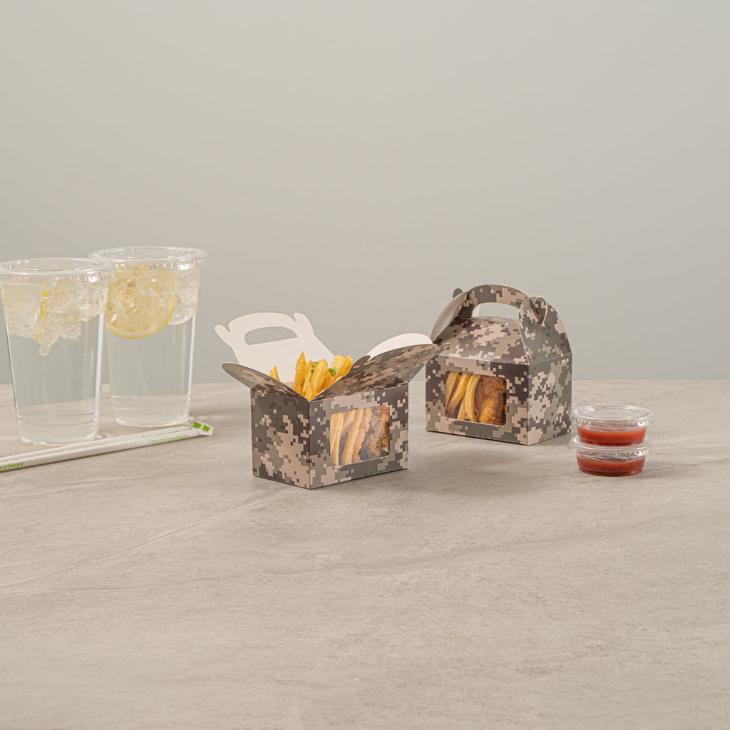 Bio Tek Camouflage Paper Gable Box / Take Out Container - with Window - 4" x 2 1/2" x 2 1/2" - 100 count box